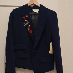 Navy Blazer with Embroidered Accents
